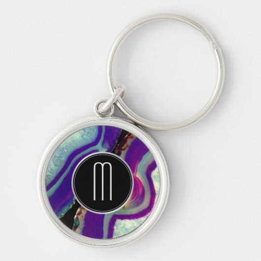 Porte-clés Monogramme d'argent d'Agate Abstrait violet (Devant)