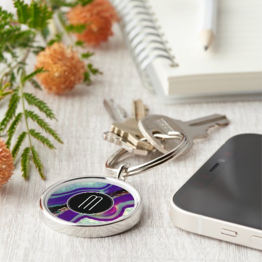 Porte-clés Monogramme d'argent d'Agate Abstrait violet (Côté)