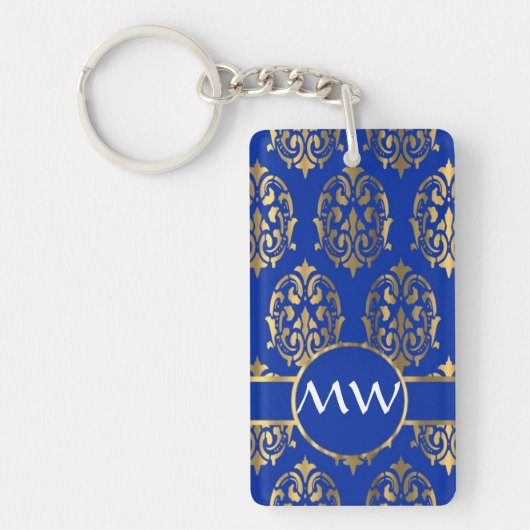Porte-clés monogramme d'argent et de bleu royal damassé (Devant)