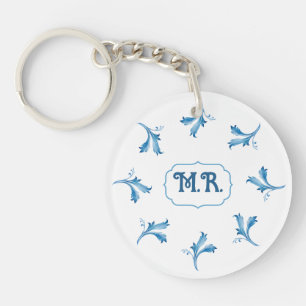 Porte-clés Monogramme de carreau floral bleu méditerranéen