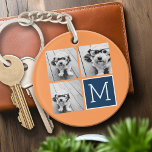 Porte-clés Monogramme de collection de photos orange et marin<br><div class="desc">Oranges vibrantes et bleu foncé - Utilisez 3 photos carrés pour créer un cadeau unique et personnel. Ou vous pouvez garder le chiot hipster et faire un gardien branché. Si vous avez besoin d'ajuster les images,  cliquez sur l'outil personnaliser pour apporter des modifications.</div>