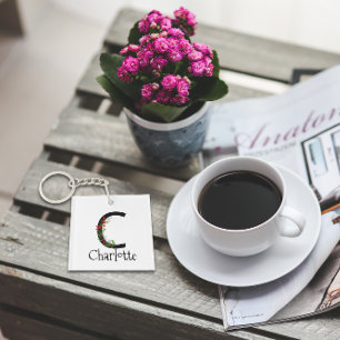 Porte-clés monogramme de couleur fleur sauvage rouge