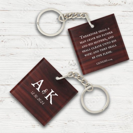 Porte-clés Monogramme de couple de mariage rustique avec Écri