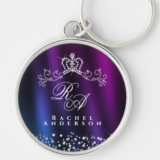 Porte-clés Monogramme de couronne brillant bleu pourpre (Devant)