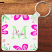 Porte-clés Monogramme de fleur rose ajouter nom lettre feuill (Verso)