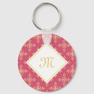Porte-clés Monogramme de luxe rose et or Quatre Floral