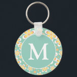 Porte-clés Monogramme de Motif turquoise et jaune à ressort<br><div class="desc">Joli pastel turquoise et jaune fleurie motif.</div>
