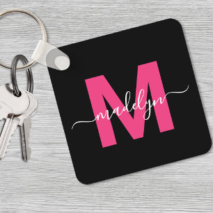 Porte-clés Monogramme de nom à l'écriture noire rose vif
