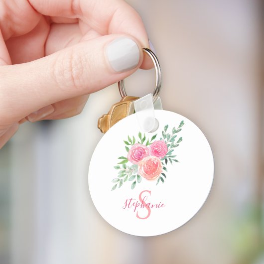 Porte-clés Monogramme de nom aquarelle floral rose