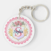 Porte-clés Monogramme de nom et initiale florale élégant (Dos)