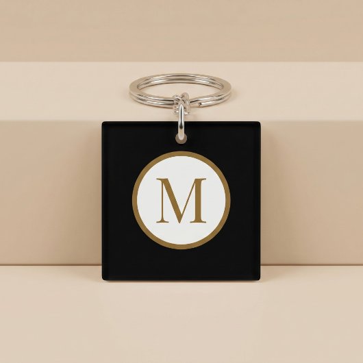Porte-clés Monogramme de sceau central personnalisé noir et o