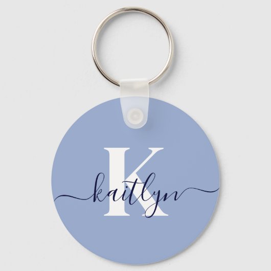 Porte-clés Monogramme de script bleu moderne (Verso)
