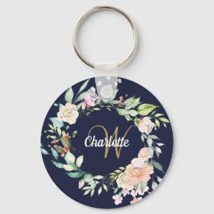 Porte-clés Monogramme de script doré Roses florales bleu mari