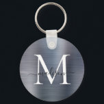 Porte-clés Monogramme de script féminin en métal brossé gris<br><div class="desc">Porte-clés monogramme de script féminin en métal brossé en acier gris argent</div>