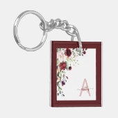 Porte-clés Monogramme de script floral Bourgogne Nom initial (Devant gauche)