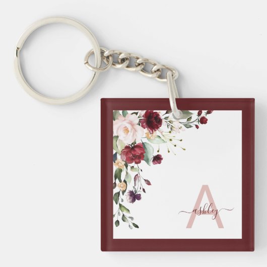Porte-clés Monogramme de script floral Bourgogne Nom initial (Devant)
