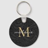 Porte-clés Monogramme de script floral noir élégant or (Recto)