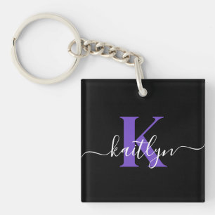Porte-clés Monogramme de script moderne violet noir