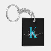 Porte-clés Monogramme de script sarcelle noir moderne (Devant gauche)