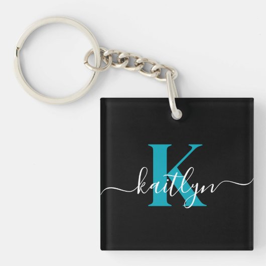 Porte-clés Monogramme de script sarcelle noir moderne (Devant)