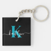 Porte-clés Monogramme de script sarcelle noir moderne (Dos)