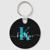 Porte-clés Monogramme de script sarcelle noir moderne (Recto)
