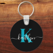 Porte-clés Monogramme de script sarcelle noir moderne (Recto)
