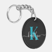 Porte-clés Monogramme de script sarcelle noir moderne (Devant gauche)