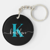 Porte-clés Monogramme de script sarcelle noir moderne (Dos)