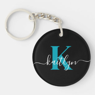 Porte-clés Monogramme de script sarcelle noir moderne