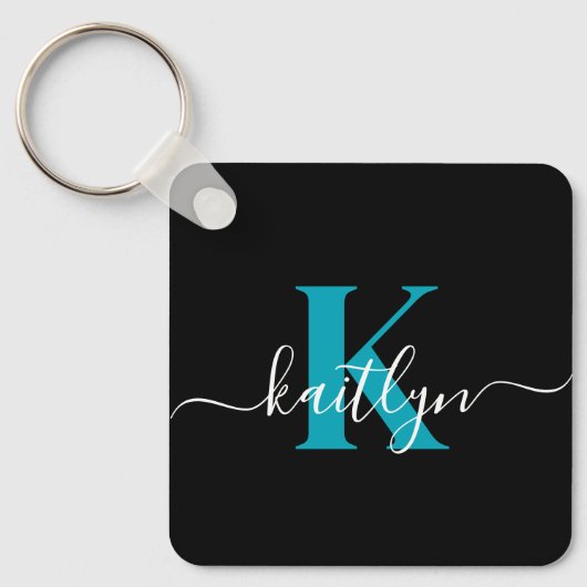 Porte-clés Monogramme de script sarcelle noir moderne (Recto)