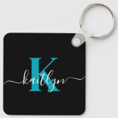 Porte-clés Monogramme de script sarcelle noir moderne (Dos)