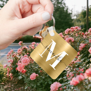 Porte-clés Monogramme de signature moderne feuille d'or
