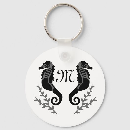 Porte-clés Monogramme de silhouette de cheval de mer noir (Recto)