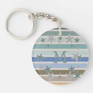 Porte-clés Monogramme de stries de plage et d'étoiles de mer