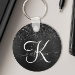 Porte-clés Monogramme d'étincelle à Parties scintillant noire<br><div class="desc">Personnalisez facilement ce design porte - clé élégant et branché avec une jolie parties scintillant brillante noire sur un arrière - plan métallique brossé noir.</div>