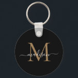 Porte-clés Monogramme d'or noir Nom Élégant Script moderne<br><div class="desc">Simple Black Gold Monogramme Élégant Porte - clé de script moderne</div>