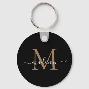 Porte-clés Monogramme d'or noir Nom Élégant Script moderne