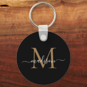 Porte-clés Monogramme d'or noir Nom Élégant Script moderne (Recto)