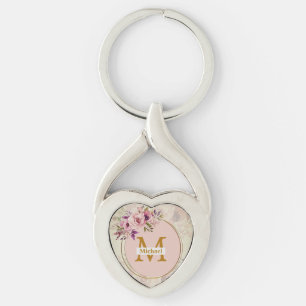 Porte-clés Monogramme doré floral élégant Cœur, Nom & Initial