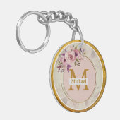 Porte-clés Monogramme doré floral élégant | Nom & Initiale (Devant gauche)