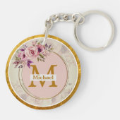Porte-clés Monogramme doré floral élégant | Nom & Initiale (Dos)