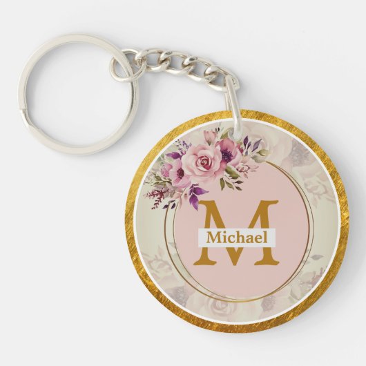 Porte-clés Monogramme doré floral élégant | Nom & Initiale (Devant)