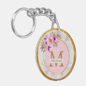 Porte-clés Monogramme doré floral élégant | Nom & Initiale (Devant gauche)