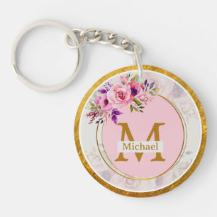 Porte-clés Monogramme doré floral élégant Nom & Initiale
