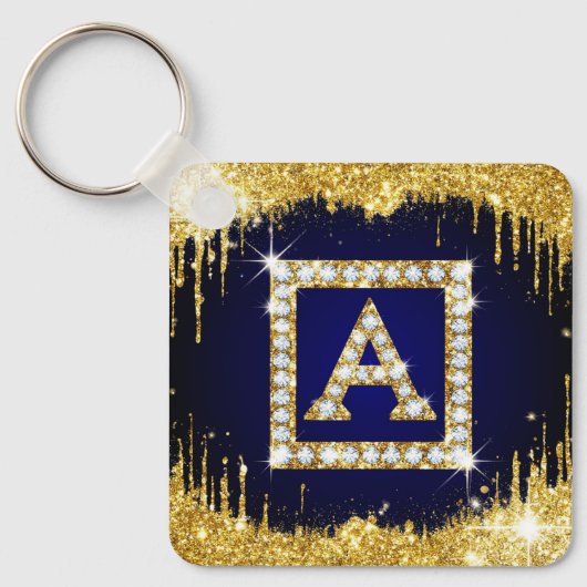 Porte-clés Monogramme doré initial A avec paillettes bleues (Recto)
