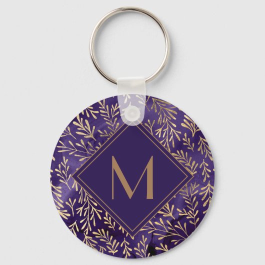Porte-clés Monogramme élégant de feuilles dorées violettes (Recto)