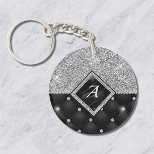 Porte-clés Monogramme élégant en faux cristal argenté et diam