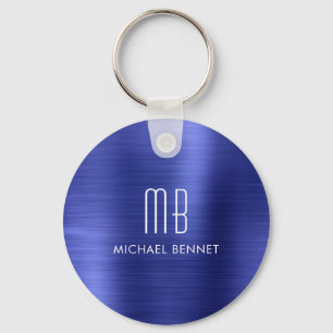 Porte-clés Monogramme Élégant Métal Brossé Faux Bleu Nuit