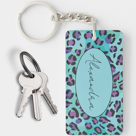 Porte-clés Monogramme Empreinte de léopard bleu chic et viole